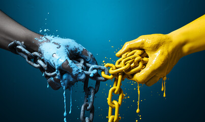 Close-up shows human hands with chains and dripping yellow and blue paint. the law, danger, a drug addict, a young guy, as a good force, help in the fight and victory in life. mental pain, restricts 