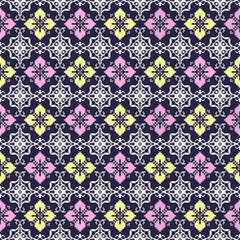Geometric Yellow and Pink Floral Pixel Art Seamless Pattern on Navy Blue Background.  Vector Design for background and wallpaper