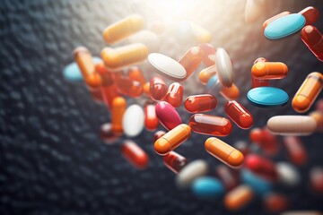 
A group of antibiotic pill capsules fallling. Healthcare and medical 3D illustration background - obrazy, fototapety, plakaty