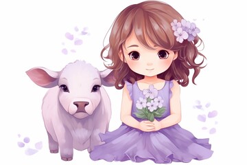 A little girl in a lilac dress holds a small rabbit in her hands vector