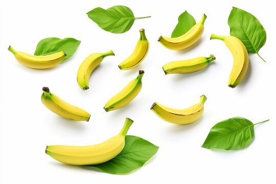 
A set with Fresh ripe baby bananas with leaves falling in the air isolated on white background. Food levitation concept. High resolution image