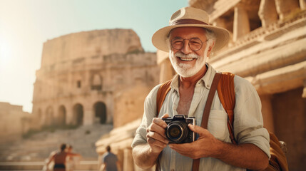 An older traveler captures the beauty of a historical landmark,  posting the photo to share their travel experiences with friends and followers