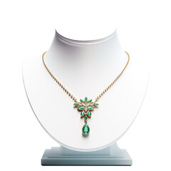 Sophisticated emerald necklace with diamond accents is showcased on a white bust stand, highlighting its luxurious design and craftsmanship, cut out - obrazy, fototapety, plakaty