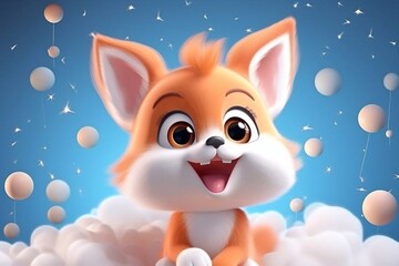 Cartoon fox 3d illustration for kids. Cute fairy fox print for clothes, stationery, books, merchandise. Toy fox 3D character banner, background. Cartoon character 3d fox cheerful
