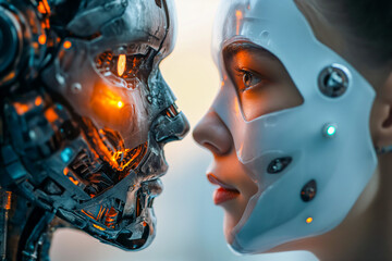 Human and Robot Face-to-Face in Neon Light

