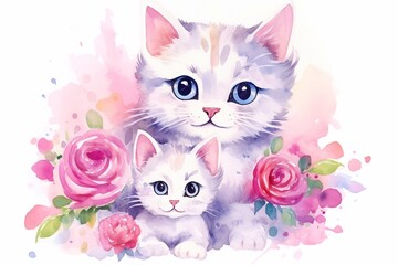 
Cats family mother and child hugs, watercolor illustration, love clipart with cartoon characters good for card and print design