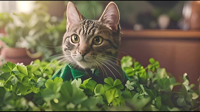 Cat on green floral background for St. Patrick's Day Festivities.