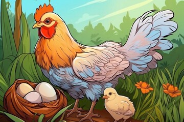 Fototapeta premium Coloring Page Outline of cartoon hen with little chick. Chicken nest with eggs. Coloring book for kids