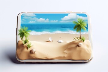 Creative summer beach on smartphone. 3d rendering