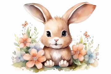 Cute baby rabbit with flowers. Watercolor childish illustration isolated on white. Woodland animal