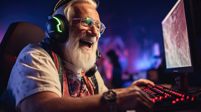 A senior gamer,  wearing a headset,  joins a remote group of friends for an immersive online gaming session,  proving age has no limits
