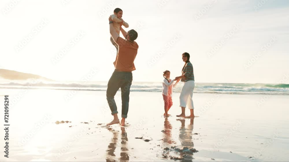 Canvas Prints Happy family, playing and beach on holiday, love and travel together in summer in nature. Father, mother and children in sunlight in seaside adventure, care and holding hands by wet feet for bonding