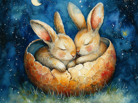 S&uuml;&szlig;e Baby Hasen schlafen kuschelig in Ei - Ostern - Osterhase - Ostereier - Ostermotiv - niedliches Bild - Kinderbuch - Tier - Motiv - Illustration