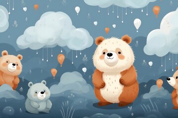 
Cute Nursery Vector Art and Seamless Pattern with Little Bird and Lovely Bears. Big Bear and Baby Bear Print. Lovely Chicken and Fluffy Cloud. Repeatable Desiegn with White Bears, Orange Clouds