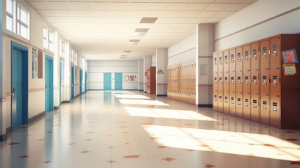 Spacious school passage with unoccupied student lockers – educational scene
