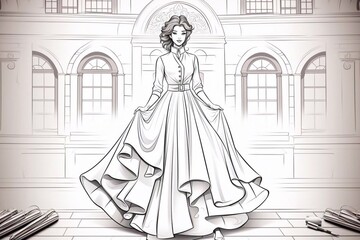 Demi-season casual dress with long sleeves and a full skirt outline for coloring page