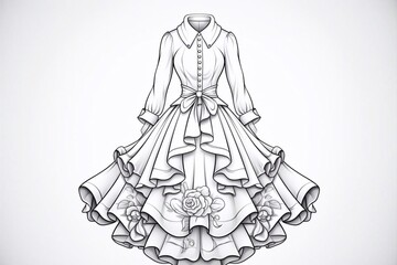 Demi-season casual dress with long sleeves and a full skirt outline for coloring page

