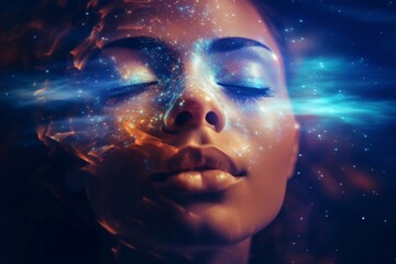 Double exposure portrait of a young woman close eye face with galaxy space inside head. Human inner peace, star light fire, life zen girl love,  concept