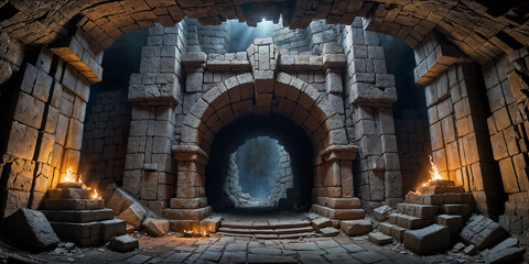Fantasy scene of a ancient stone brick archway entrance ruins to a forgotten and abandoned Dwarven mine deep underground in the mountain. 