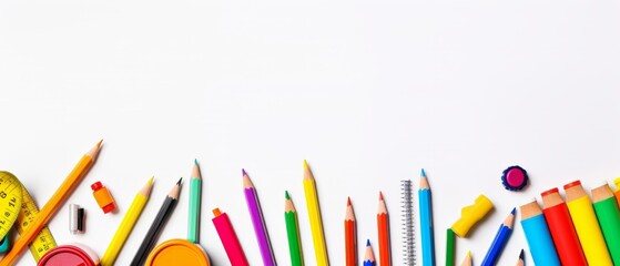 Back to school essentials: double-sided border of school supplies on white lined paper banner – top view with ample copy space