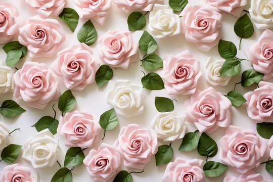 Floral pattern made of pink and beige roses, green leaves, branches on white background. Flat lay, top view. Valentine's background. Floral pattern. Pattern of flowers. Flowers pattern texture


