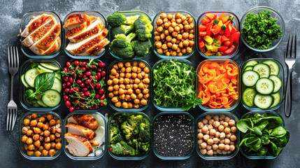 Assorted meal prep containers filled with a balanced selection of proteins, vegetables, and legumes on a dark kitchen surface.