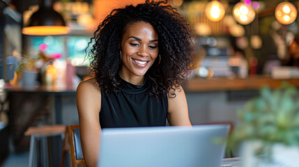 Cheerful young woman with natural hair smiles while working on her laptop in a modern cafe setting, radiating positivity and productivity.