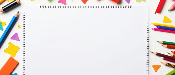 Back to school essentials: double-sided border of school supplies on white lined paper banner – top view with ample copy space