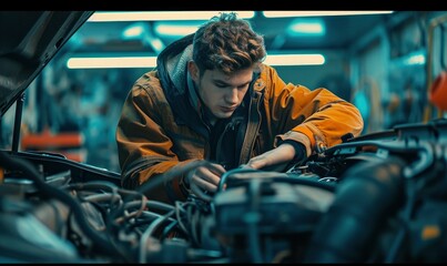 Mechanic working on broken car engine at garage service.  Mechanic maintenance concept