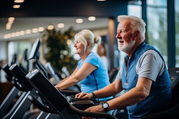 Happy senior couple exercising together at fitness studio, promoting active lifestyle