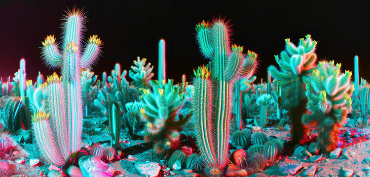 3D anaglyph effect on cacti, creating a surreal and vibrant visual illusion.