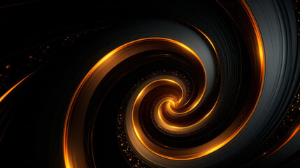 Orbital Blaze: Spiraling Golden Swirl on a Cosmic Black Canvas - obrazy, fototapety, plakaty
