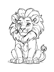 Sweet Lion Character Cartoon Outline Suitable for Coloring Books, Cute Animal Line Art