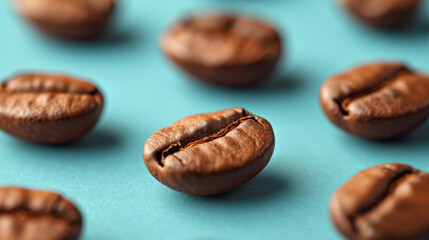 Macro Shot of Coffee Beans on Vibrant Blue Backdrop