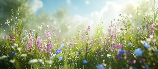 Gorgeous flowers in purple, blue, and white bloom amidst stunning greenery under a bright, sunny sky. - obrazy, fototapety, plakaty