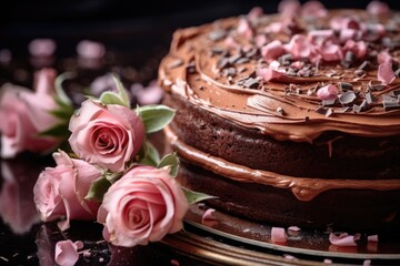 Decadent Chocolate Cake with Pink Roses