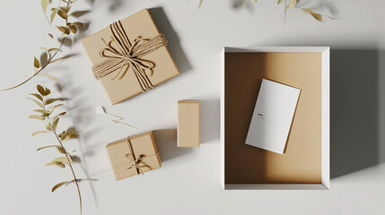 3D rendering of an open and closed white realistic cardboard box with brown paper, accompanied by a business card on a light background, emphasizing the concept of business gifts.