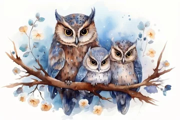 Badkamer foto achterwand Mother owl with naughty kids, tired and sleeping. Funny owl birds family, mom with children sleeping and playing. Humorous illustration in watercolor style    © Ирина Курмаева