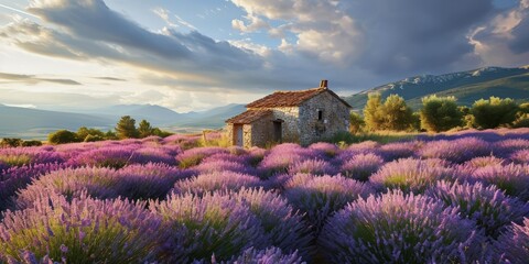 Lavender Breeze, Stone Cottage, Rolling Hills, Generative AI