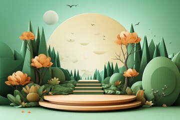 Beautiful green product , paper illustration, podium platform with geometric shapes and nature background