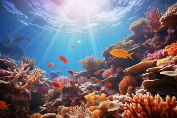 
Underwater world, turquoise coral reef, blue seaweeds, algae, purple sponges, yellow pink fishes. Marine landscape tropical colorful plants. Ocean bottom nature