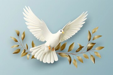 Fototapeta premium Simple Vcetor Illustrations Set with White Dove with Gold Olive Twig Isolated on a Light Pale Blue Background. Peace Symbol Print with White Flying Pigeon on a Blue Sky ideal for Poster. Wall Art