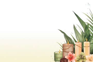 
Spa, wellness, template background. Banner design with exotic flowers, bamboo leaves, aroma candle, cosmetic bottles. Vector illustration of horizontal background for spa, beauty salon, cosmetic