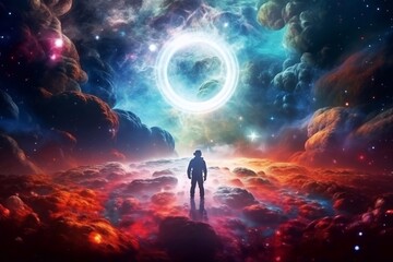Fototapeta premium Beautiful cosmic background. Where the Astronaut stands on a reflective surface with a colorful fractal nebula