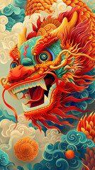 Colorful dragon head on the dark background. Chinese New Year.