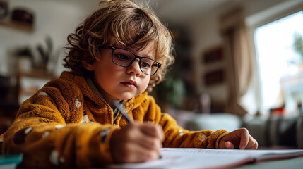 young child with curly hair and glasses is writing in a book. They are focused, sitting at a table indoors with soft lighting
