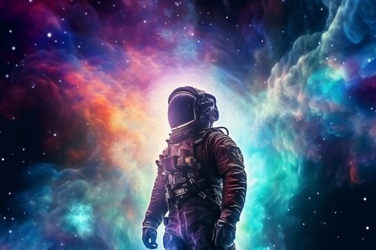 Beautiful cosmic background. Where the Astronaut stands on a reflective surface with a colorful fractal nebula