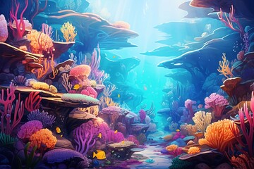 Fototapeta na wymiar Underwater world, turquoise coral reef, blue seaweeds, algae, purple sponges, yellow pink fishes. Marine landscape tropical colorful plants. Ocean bottom nature