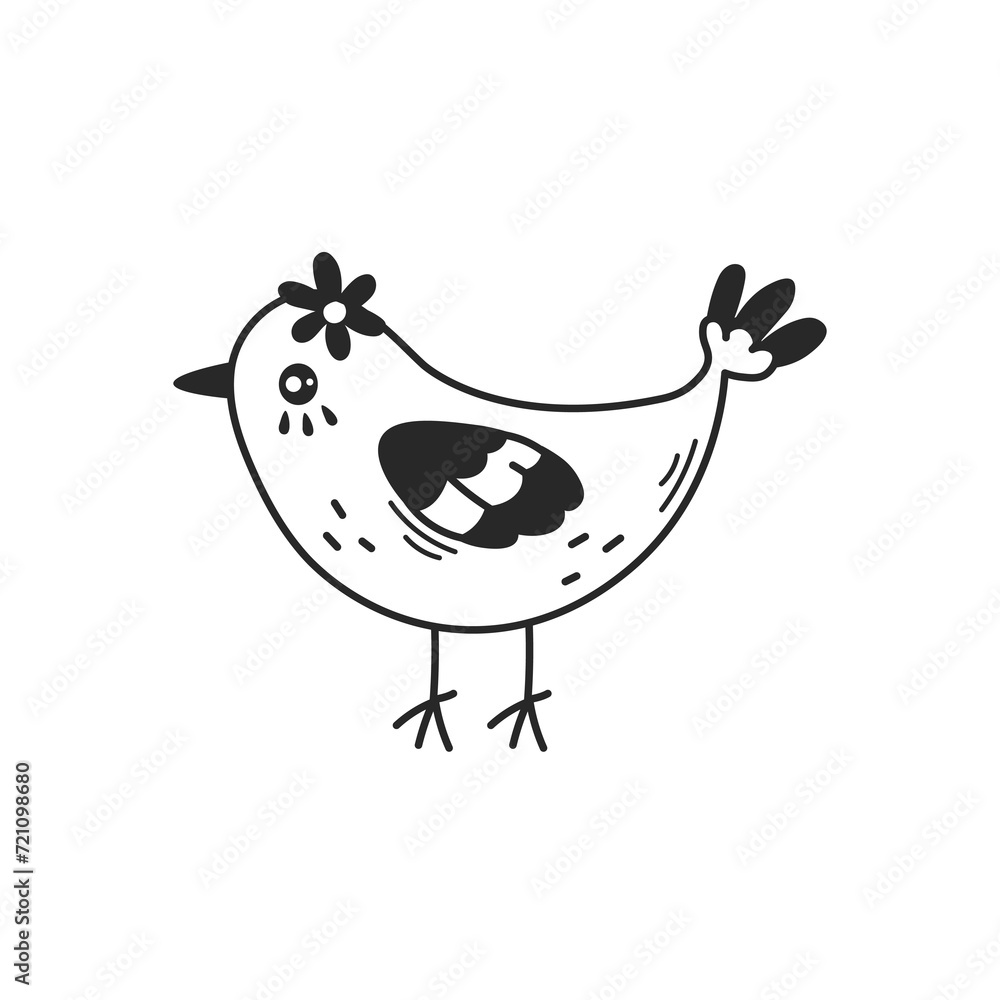 Wall mural cartoon bird sketch illustration. black and white cute animal with flower. hand drawn style for kids