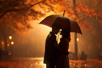 
Young couple man and woman kissing under the umbrella, rainy autumn cold day in the park. First date, closeup